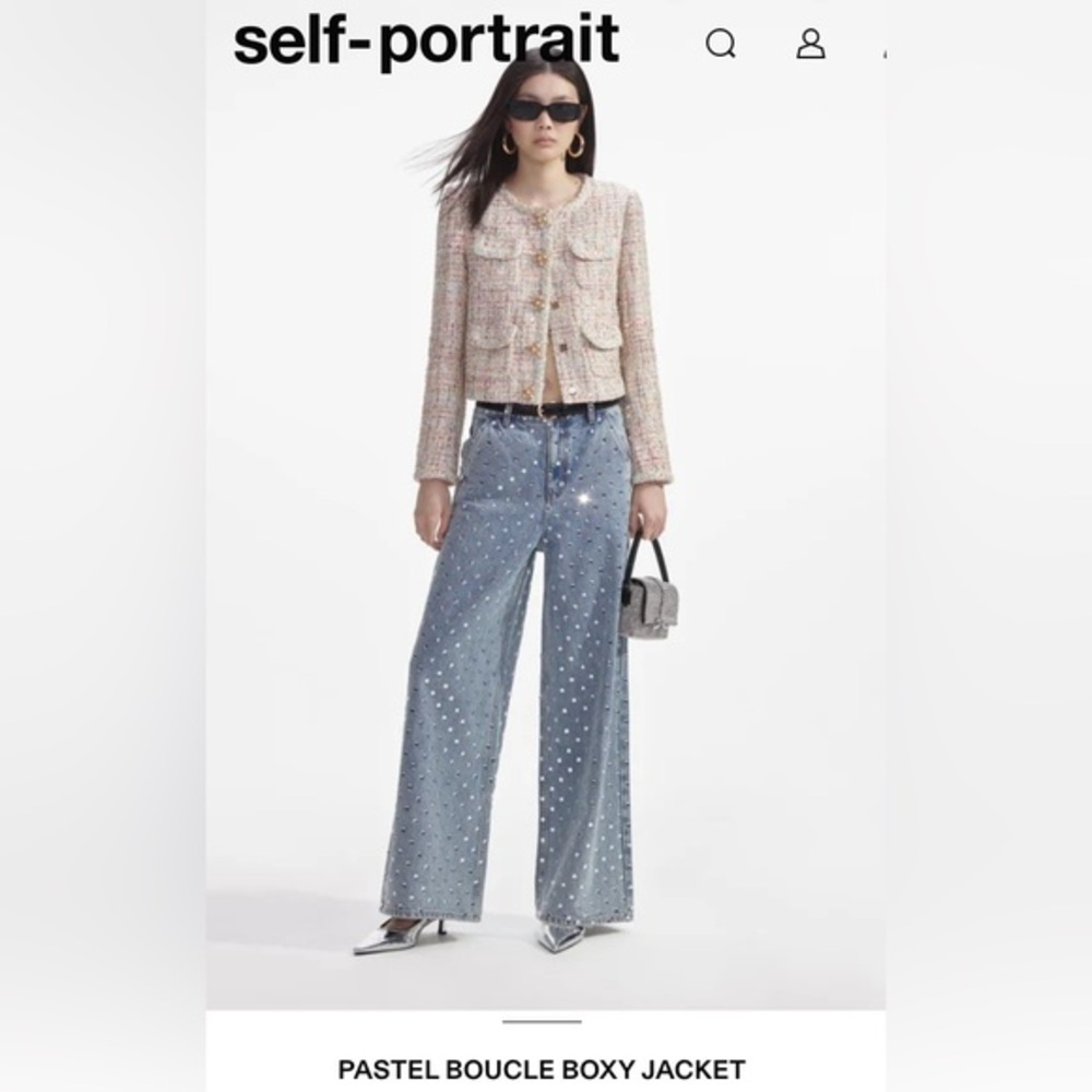 New Self-Portrait Pastel Boucle Boxy Multicolor Tweed Jacket